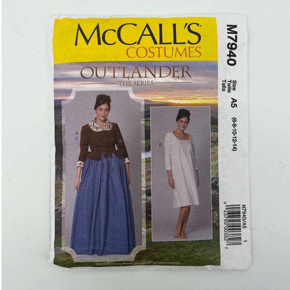 Vintage McCalls M7940 Outlander Costume Pattern Chemise Jacket Scarf 6-14 Uncut